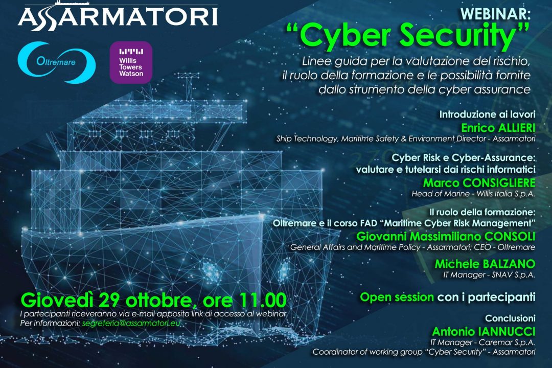 Cyber Security in ambito marittimo. Webinar giovedì 29 ottobre 2020 per parlare di rischi, formazione e cyber assurance