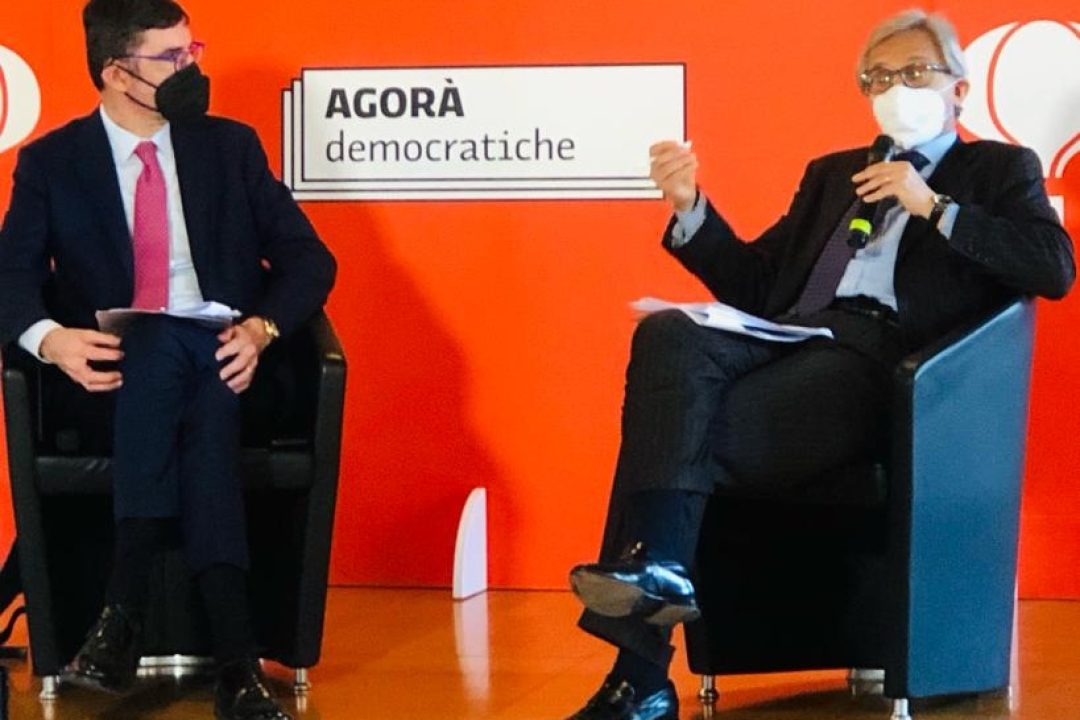 The president of Assarmatori, Stefano Messina, speaks at the event of “Agorà Democratiche”