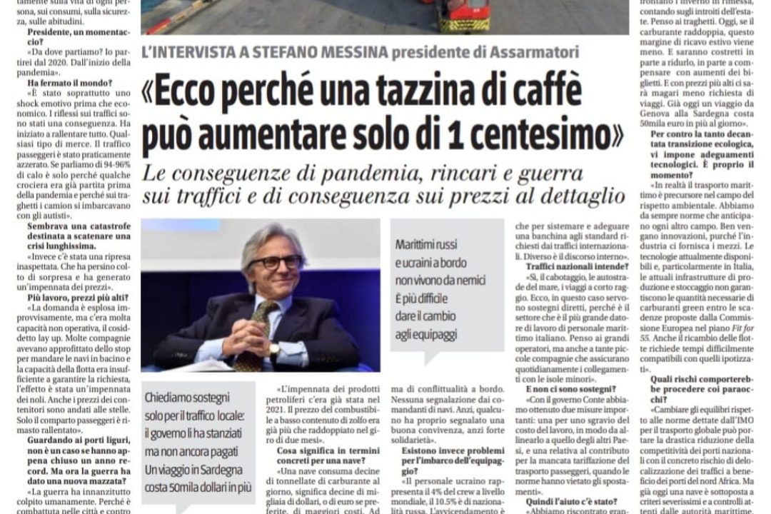 Le conseguenze della pandemia, dei rincari e del conflitto russo-ucraino sui traffici marittimi e quindi sui prezzi al dettaglio: ne ha parlato il Presidente di Assarmatori Stefano Messina in questa intervista sull’edizione Liguria e Piemonte de Il Giornale